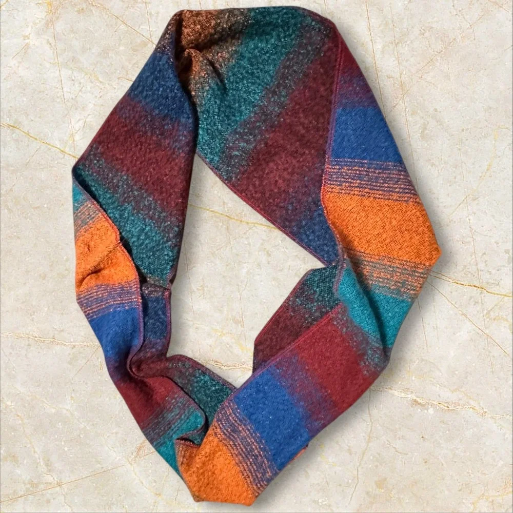Infinity‎ Scarf Striped Multicolor Loop Scarf Teal Burgundy Orange Soft Knit